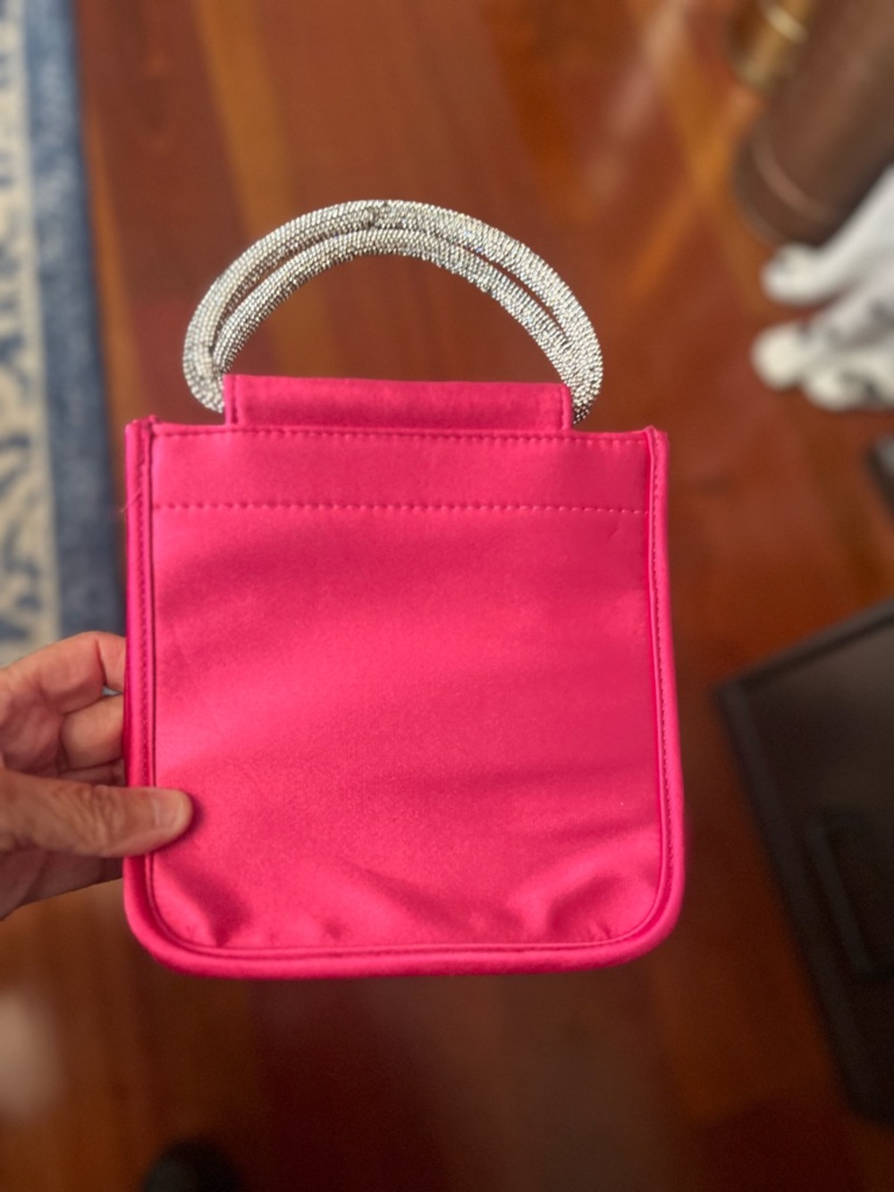 Hot Pink Satin Mini Top-Handle Bag with Crystal Handle